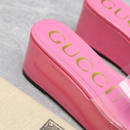 HIGH WEDGE PLATFORM WITH DOUBLE G IN PINK GLOSSY CALFSKIN