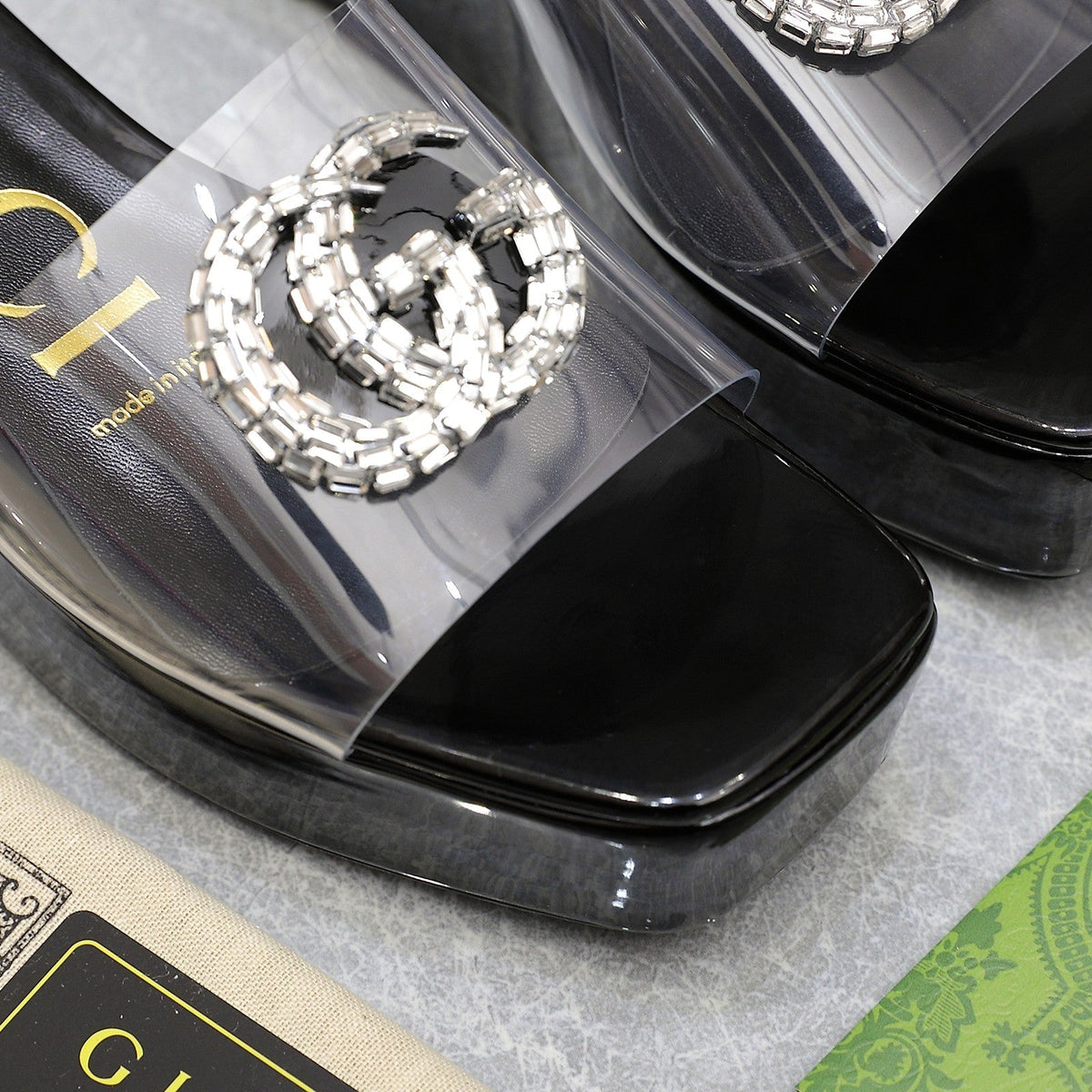 HIGH WEDGE PLATFORM IN BLACK GLOSSY CALFSKIN WITH DOUBLE CRYSTAL G BUCKLE