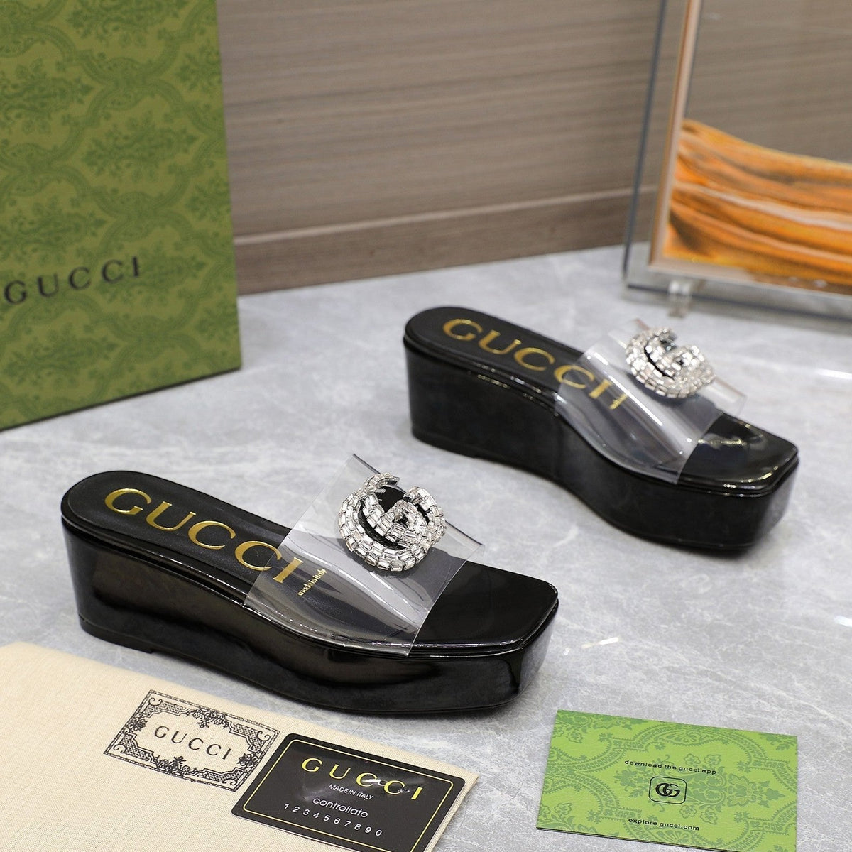 HIGH WEDGE PLATFORM IN BLACK GLOSSY CALFSKIN WITH DOUBLE CRYSTAL G BUCKLE