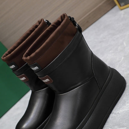 THICK-SOLED SNOW BOOTS IN BLACK CALFSKIN MIX CHOCOLATE NYLON