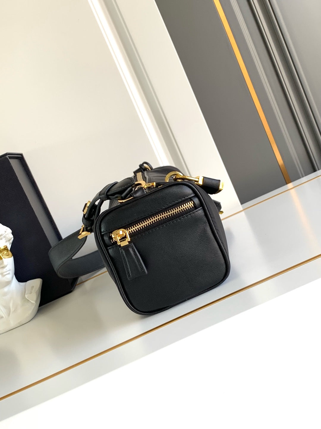MINI POUCH 27 IN BLACK RE-NYLON AND SAFFIANO LEATHER STRAP