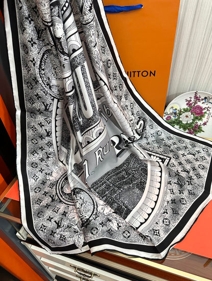 SQUARE SILK SCARF MALLES MERVEILLEUSES 90 CM BLACK MIX WHITE 399997