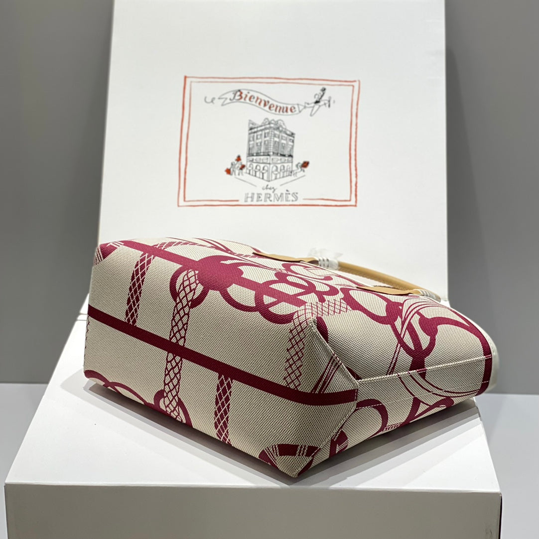 STEEPLE 28 BAG IN OFF-WHITE MIX PERSIAN PLUM RED CANVAS AND BROWN SWIFT LEATHER