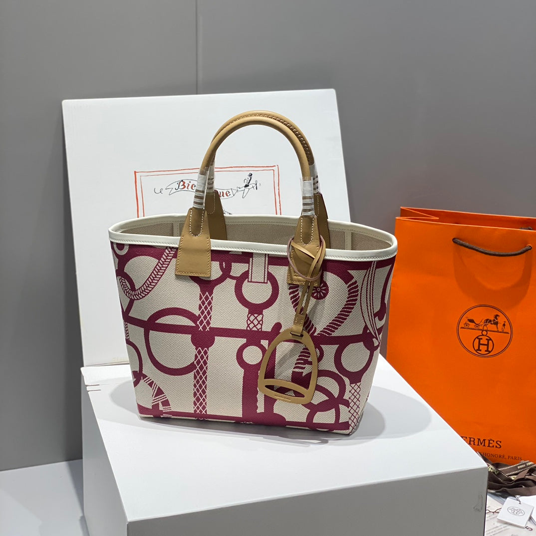 STEEPLE 28 BAG IN OFF-WHITE MIX PERSIAN PLUM RED CANVAS AND BROWN SWIFT LEATHER