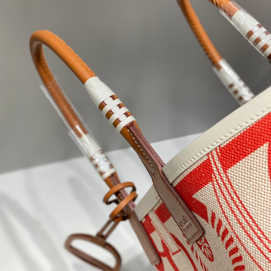 STEEPLE 28 BAG IN OFF-WHITE MIX LIGHT RED CANVAS AND BROWN SWIFT LEATHER