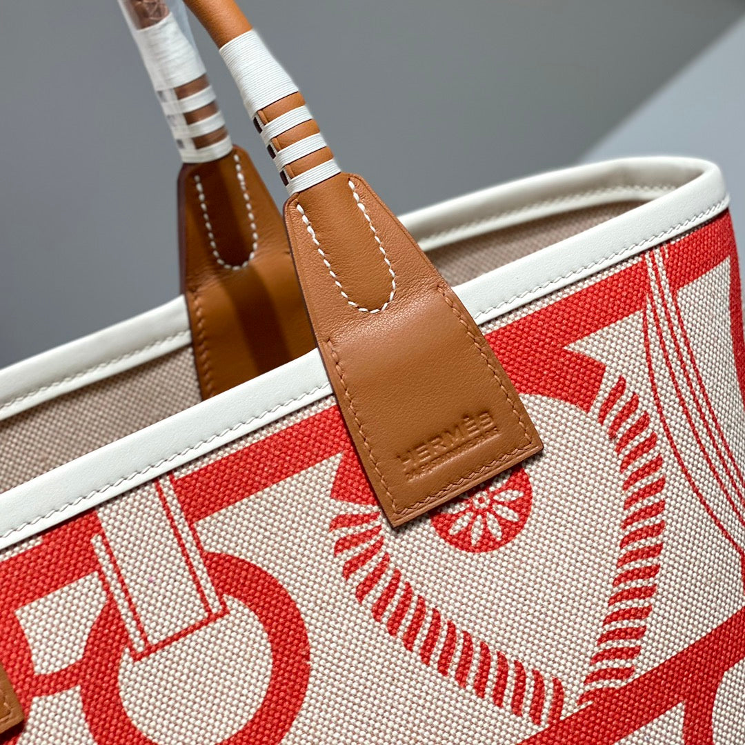 STEEPLE 28 BAG IN OFF-WHITE MIX LIGHT RED CANVAS AND BROWN SWIFT LEATHER