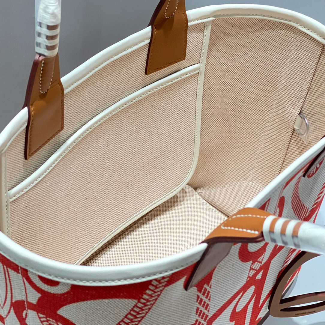 STEEPLE 28 BAG IN OFF-WHITE MIX LIGHT RED CANVAS AND BROWN SWIFT LEATHER