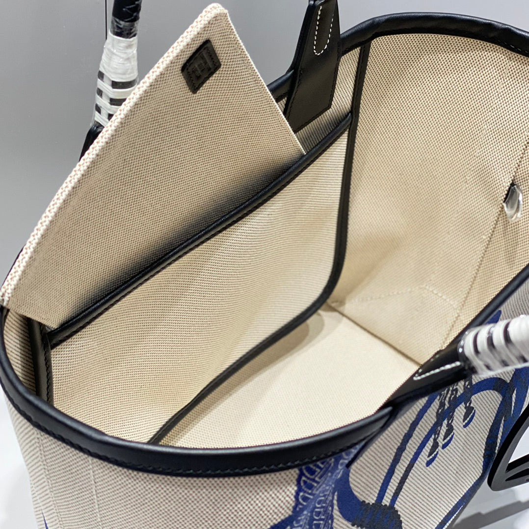 STEEPLE 28 BAG IN OFF-WHITE MIX BLUE CANVAS AND BLACK CALFSKIN
