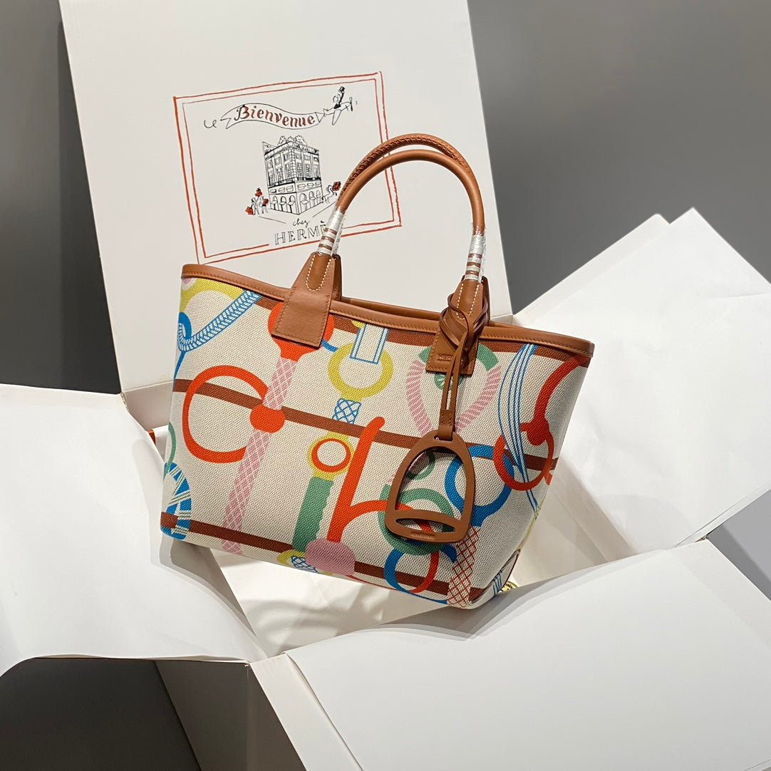 STEEPLE 28 BAG IN COLORFUL CANVAS AND BROWN SWIFT LEATHER