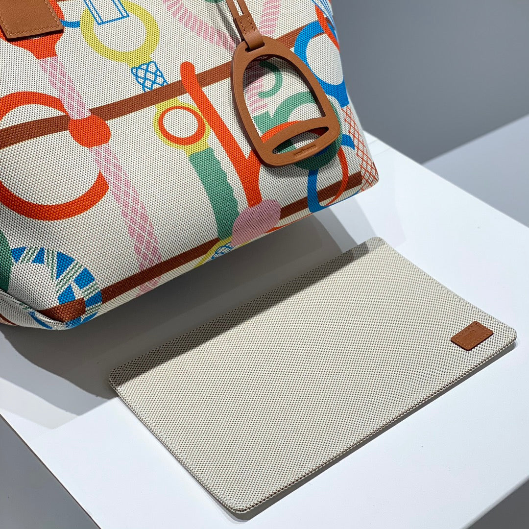 STEEPLE 28 BAG IN COLORFUL CANVAS AND BROWN SWIFT LEATHER