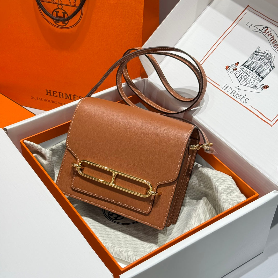HM ROULIS 18 MINI BAG IN TAWNY BROWN CALFSKIN GOLD-TONE HARDWARE