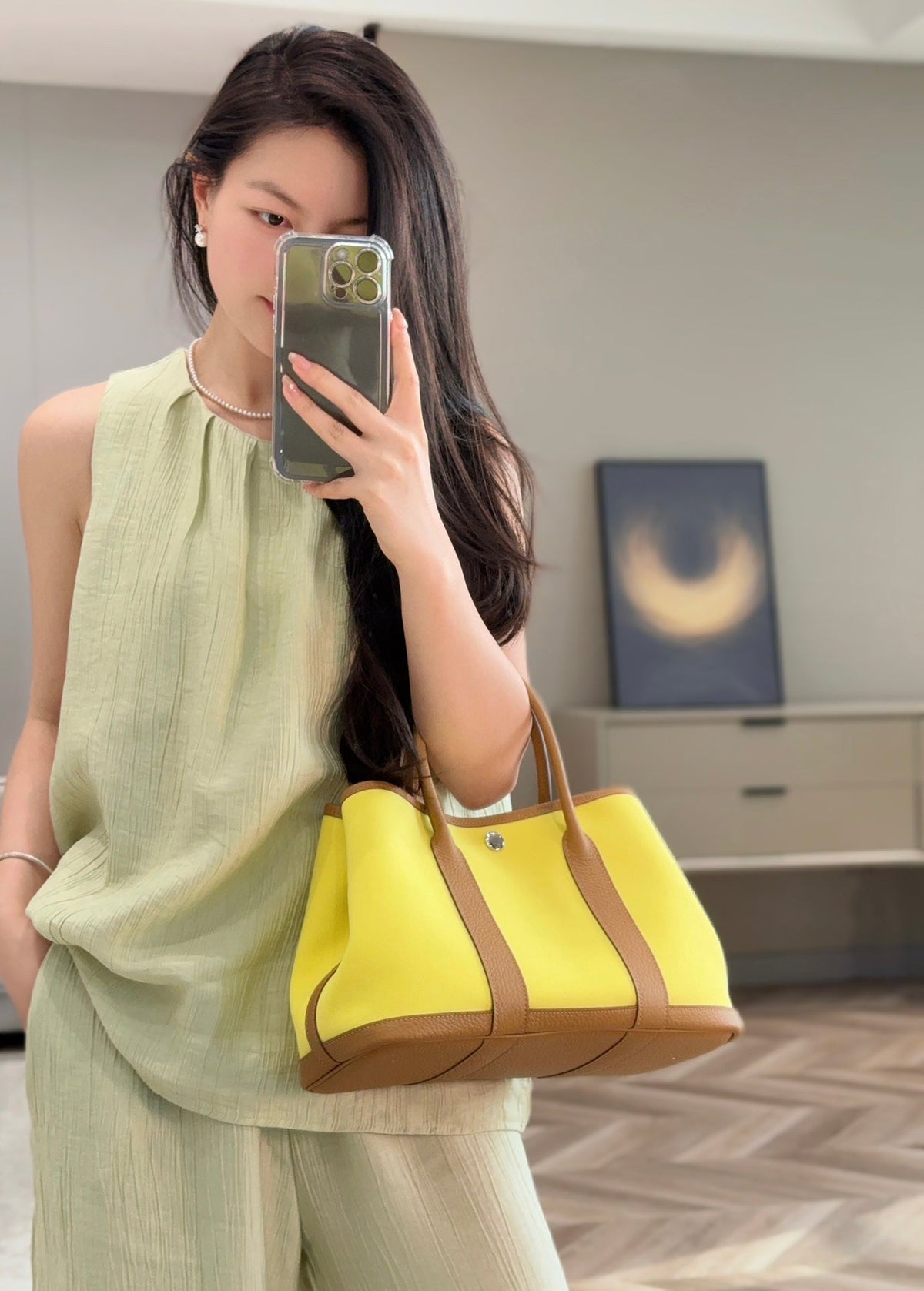 GARDEN PARTY 30CM IN YELLOW TOILETS COTTON CANVAS AND BEIGE MARFA CALFSKIN