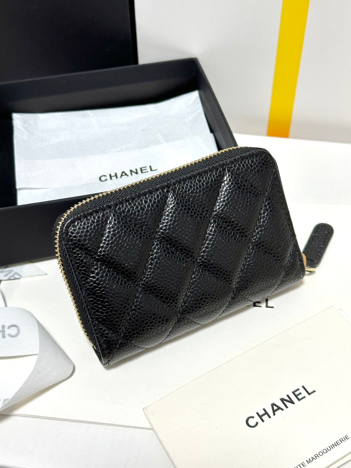 MINI WALLET 11 IN BLACK CAVIAR SKIN GOLD METALLIC