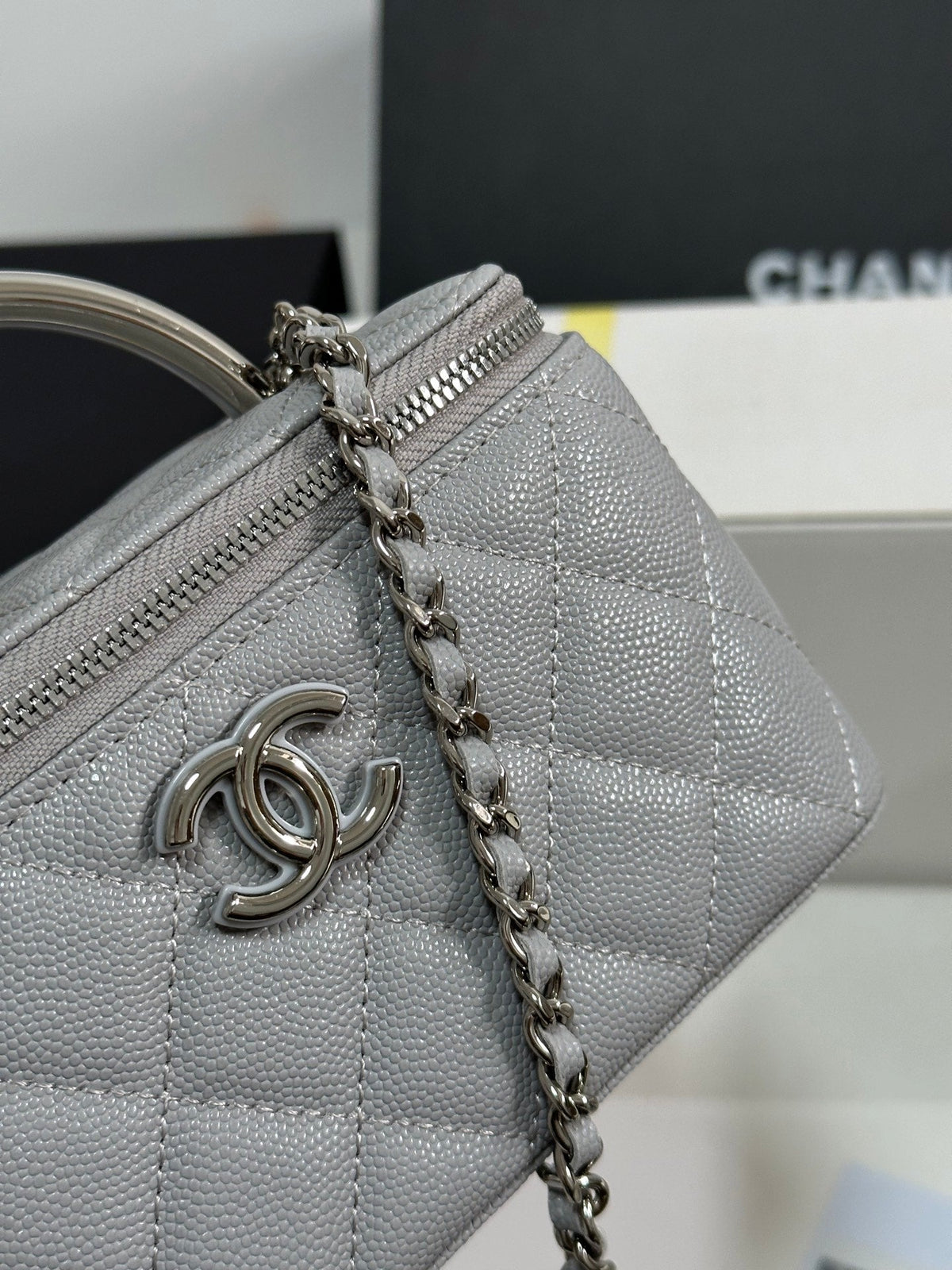 MINI VANITY TOP HANDLE CASE 17 IN GREY CAVIAR SKIN SILVER-TONE PLATED METAL