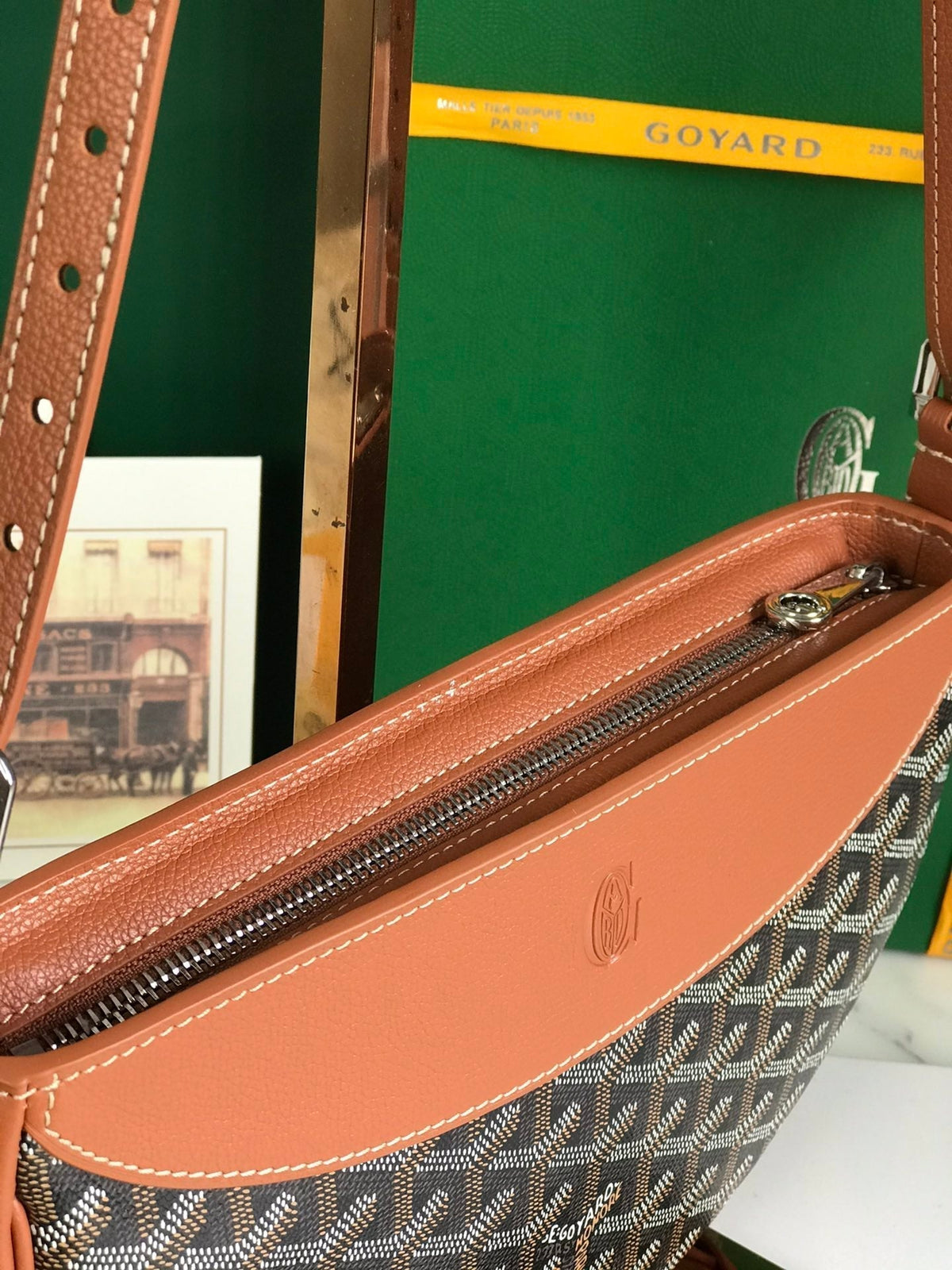 HIRONDELLE BAG 25 IN TAN LAMBSKIN AND BLACK GOYARDINE CANVAS