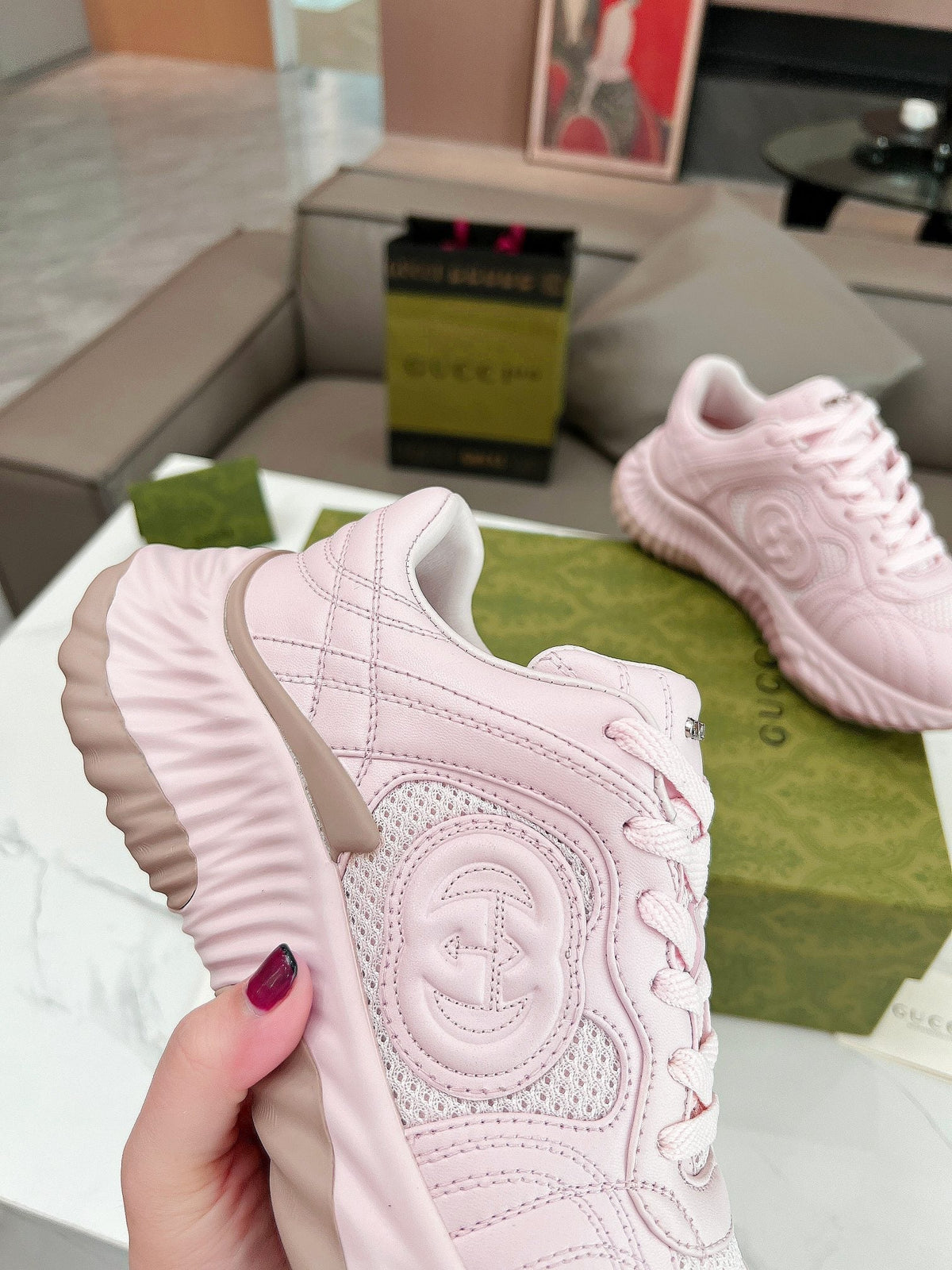 GG RIPPLE TRAINER LIGHT PASTEL PINK LAMBSKIN