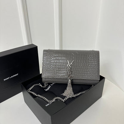 KATE TASSEL 24 CROCODILE PATTERN DARK GREY CALFSKIN