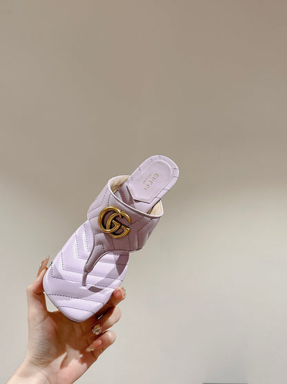 HIGH THONG MULE 55MM IN LIGHT PINK CALFSKIN WITH GOLD HARDWARE