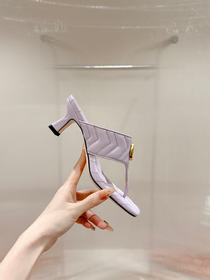 HIGH THONG MULE 55MM IN LIGHT PINK CALFSKIN WITH GOLD HARDWARE