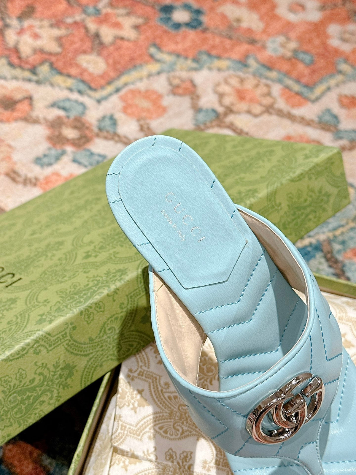 HIGH THONG MULE 55MM IN SKY BLUE CALFSKIN WITH GOLD HARDWARE