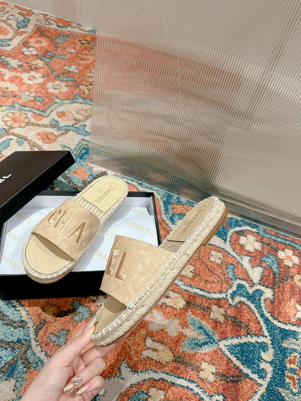 FLAT SLIPPERS IN BEIGE LAMBSKIN MIX WOVEN