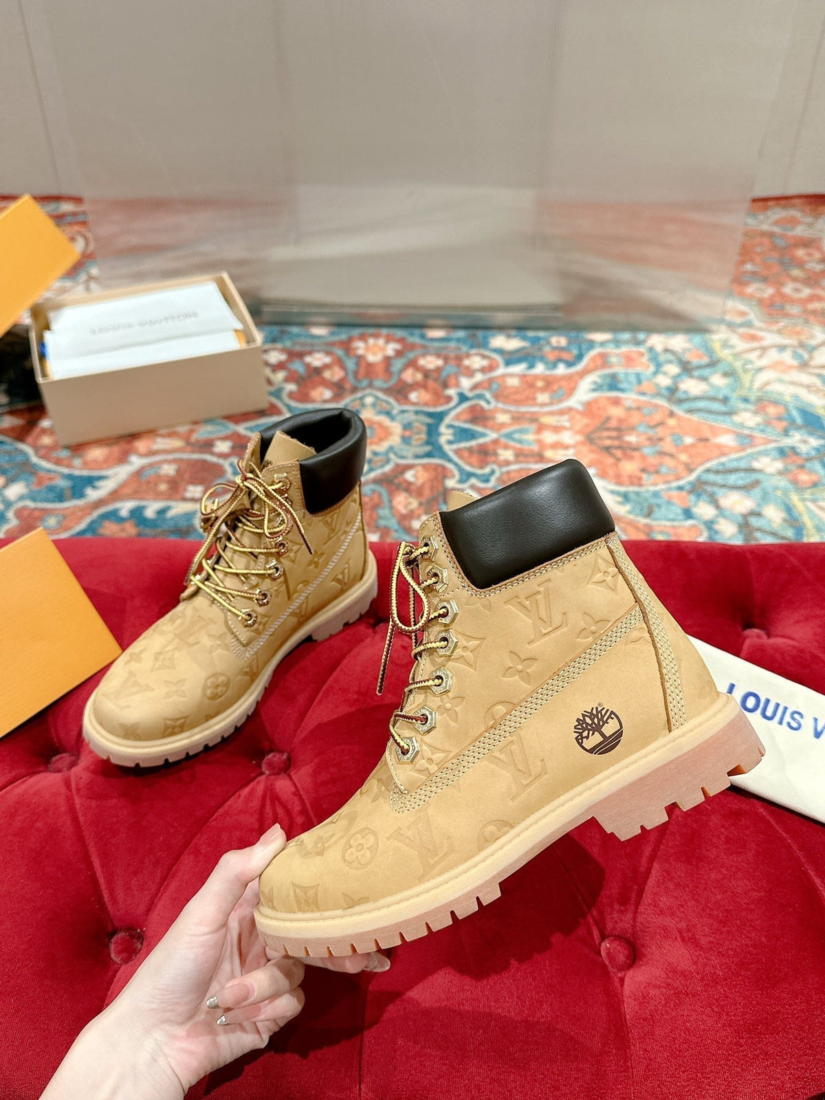 LV X TIMBERLAND ANKLE BOOT IN TORTILLA BROWN MONOGRAM SUEDE
