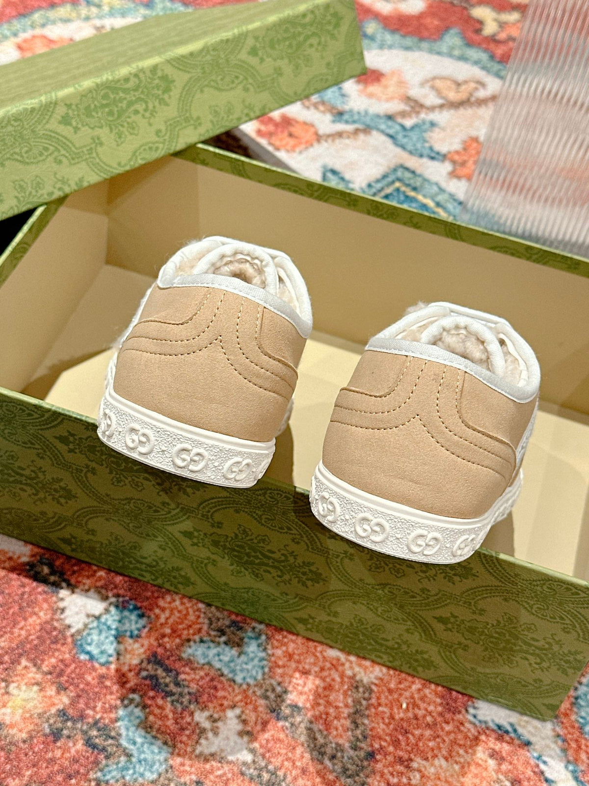 GG CANVAS SNEAKER IN CAMEL BROWN DENIM WITH BEIGE FLEECE LINING