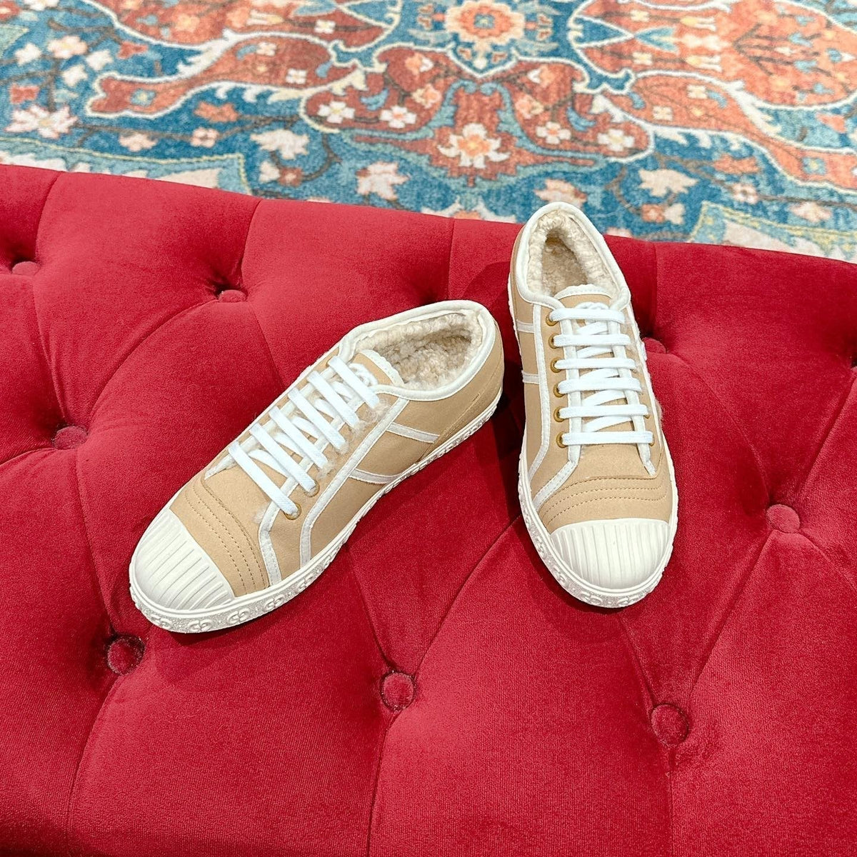 GG CANVAS SNEAKER IN CAMEL BROWN DENIM WITH BEIGE FLEECE LINING