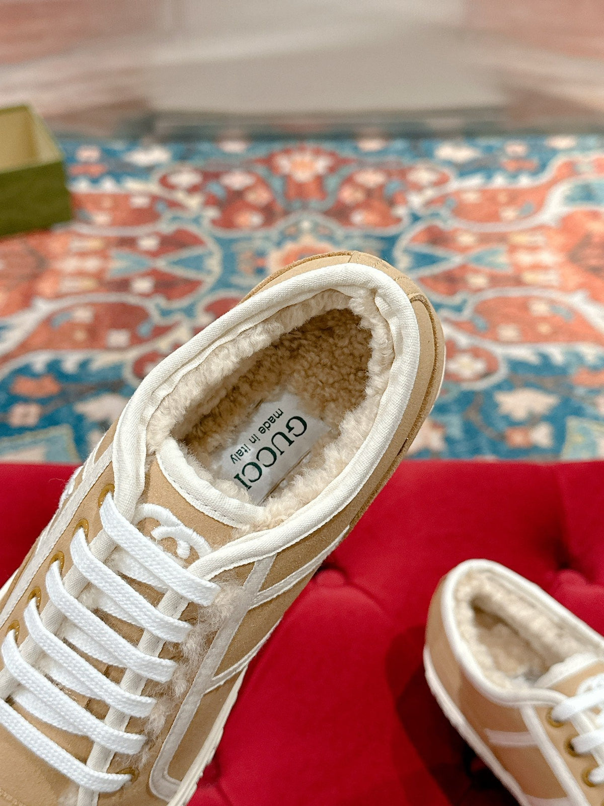 GG CANVAS SNEAKER IN CAMEL BROWN DENIM WITH BEIGE FLEECE LINING