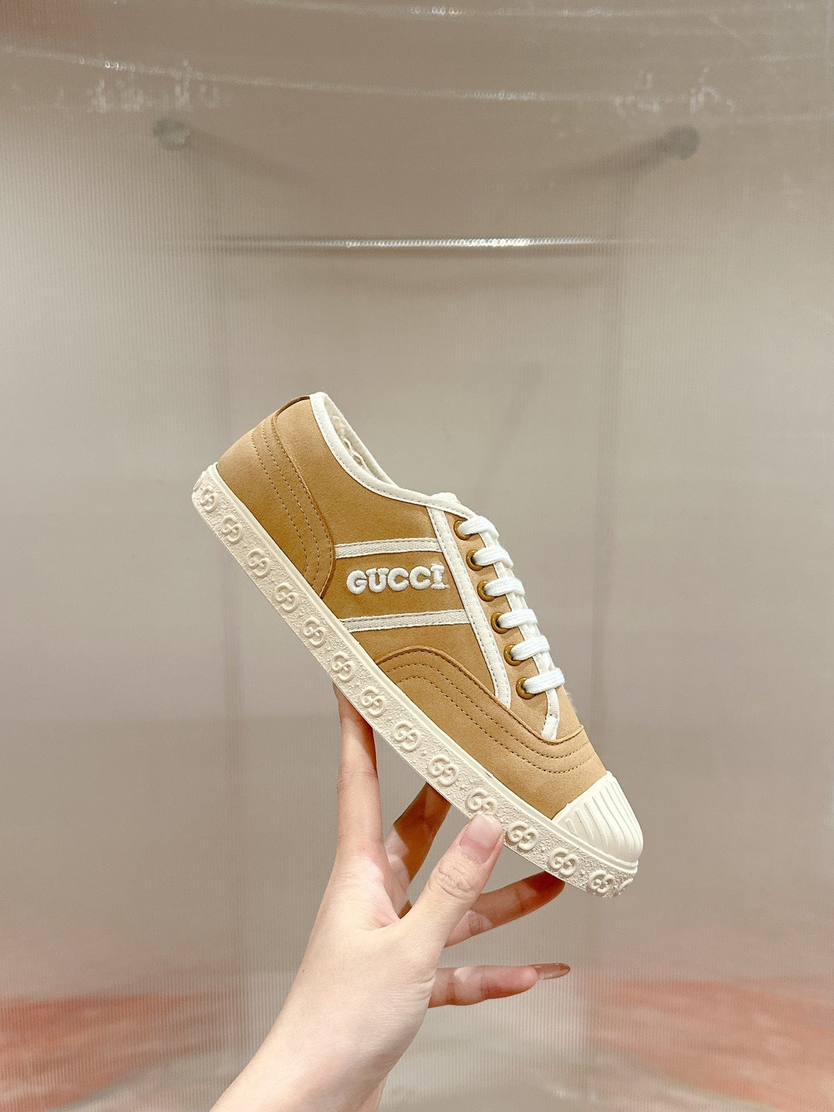 GG CANVAS SNEAKER IN CAMEL BROWN DENIM WITH BEIGE FLEECE LINING