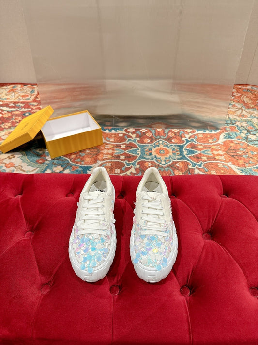 RUNWAY SEQUIN CASUAL SHOES IN WHITE CALFSKIN