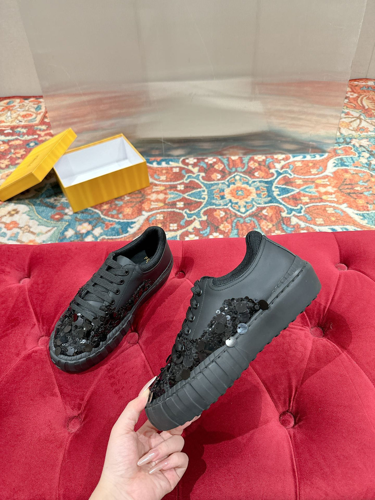 RUNWAY SEQUIN CASUAL SHOES IN BLACK CALFSKIN
