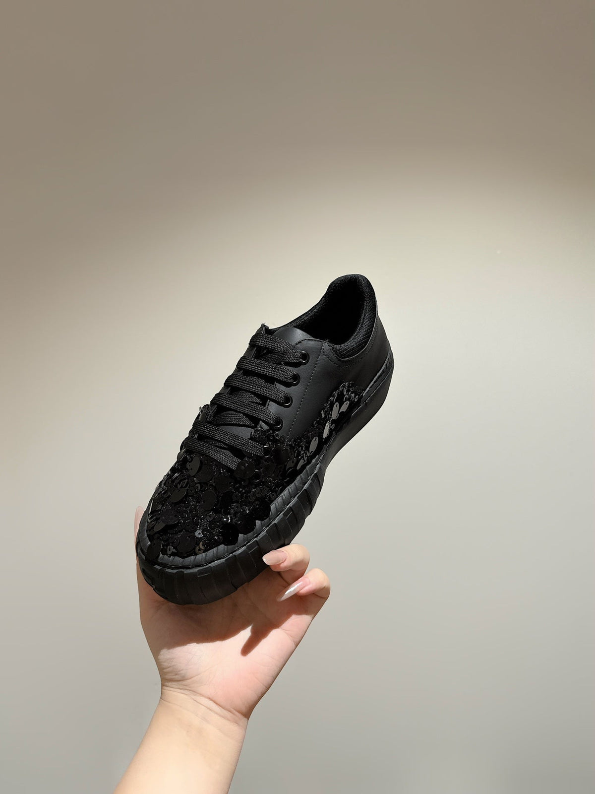 RUNWAY SEQUIN CASUAL SHOES IN BLACK CALFSKIN