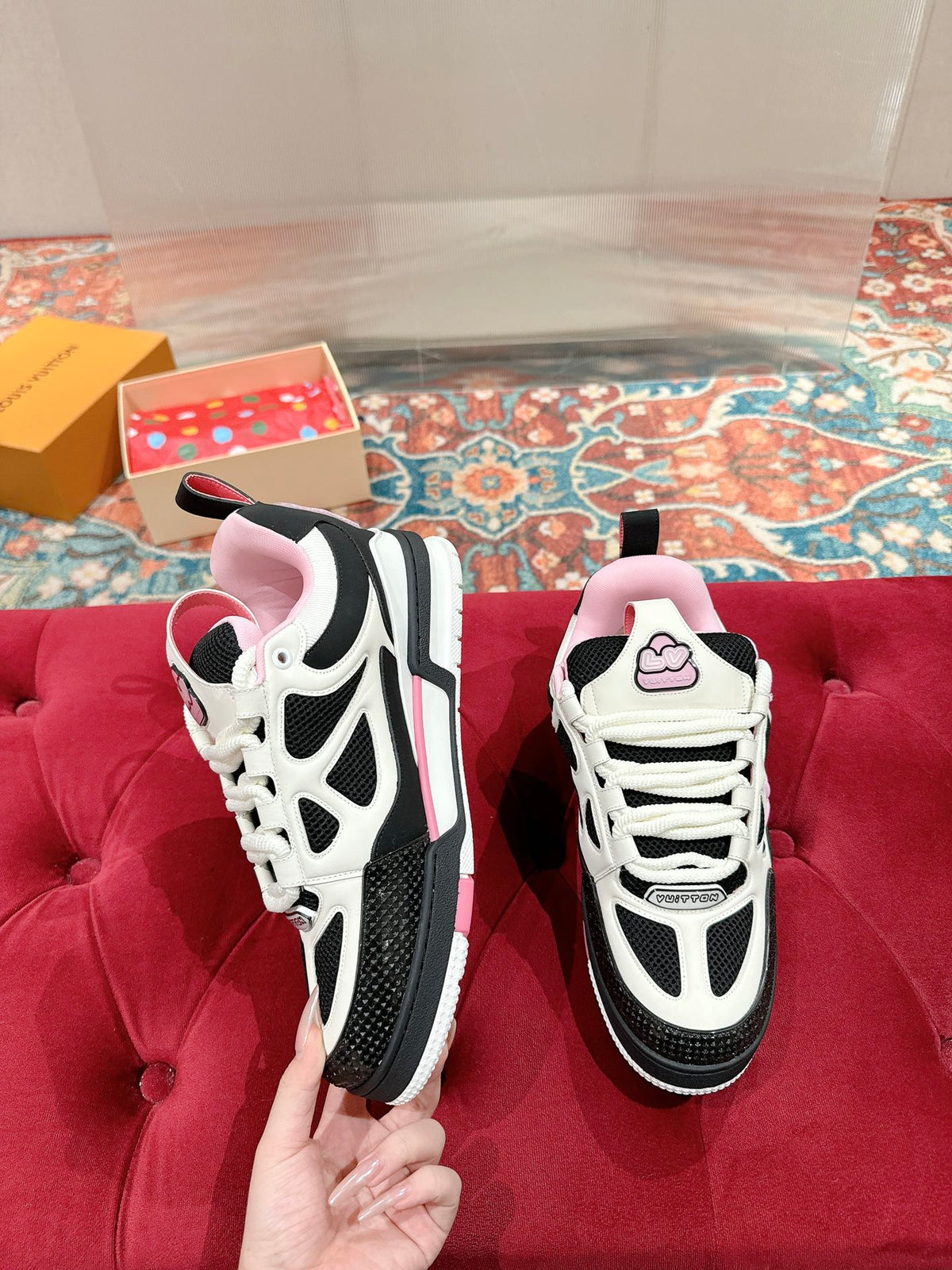 LV SKATE SNEAKER IN WHITE MIX BLACK AND LIGHT PINK CALFSKIN