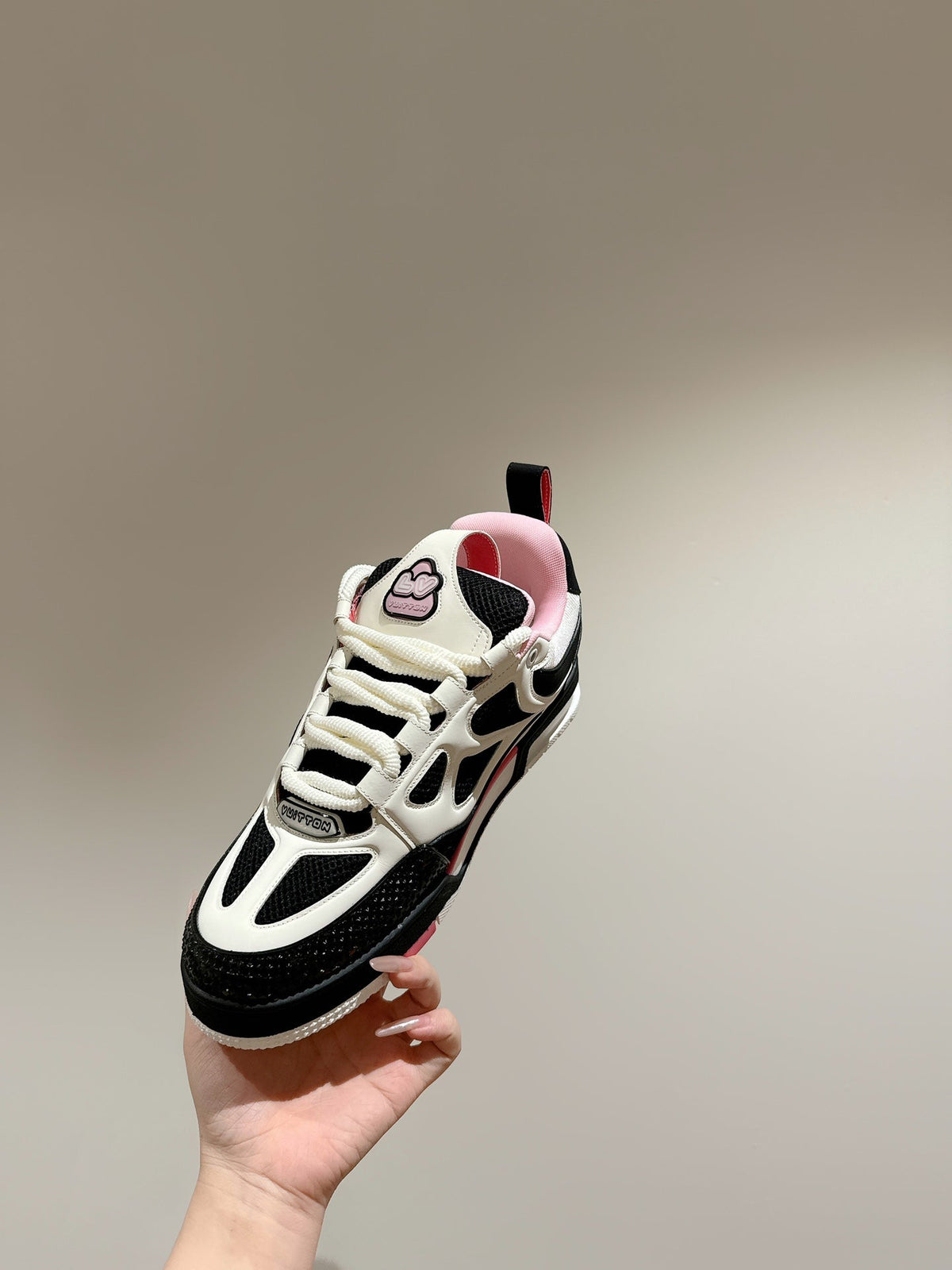 LV SKATE SNEAKER IN WHITE MIX BLACK AND LIGHT PINK CALFSKIN