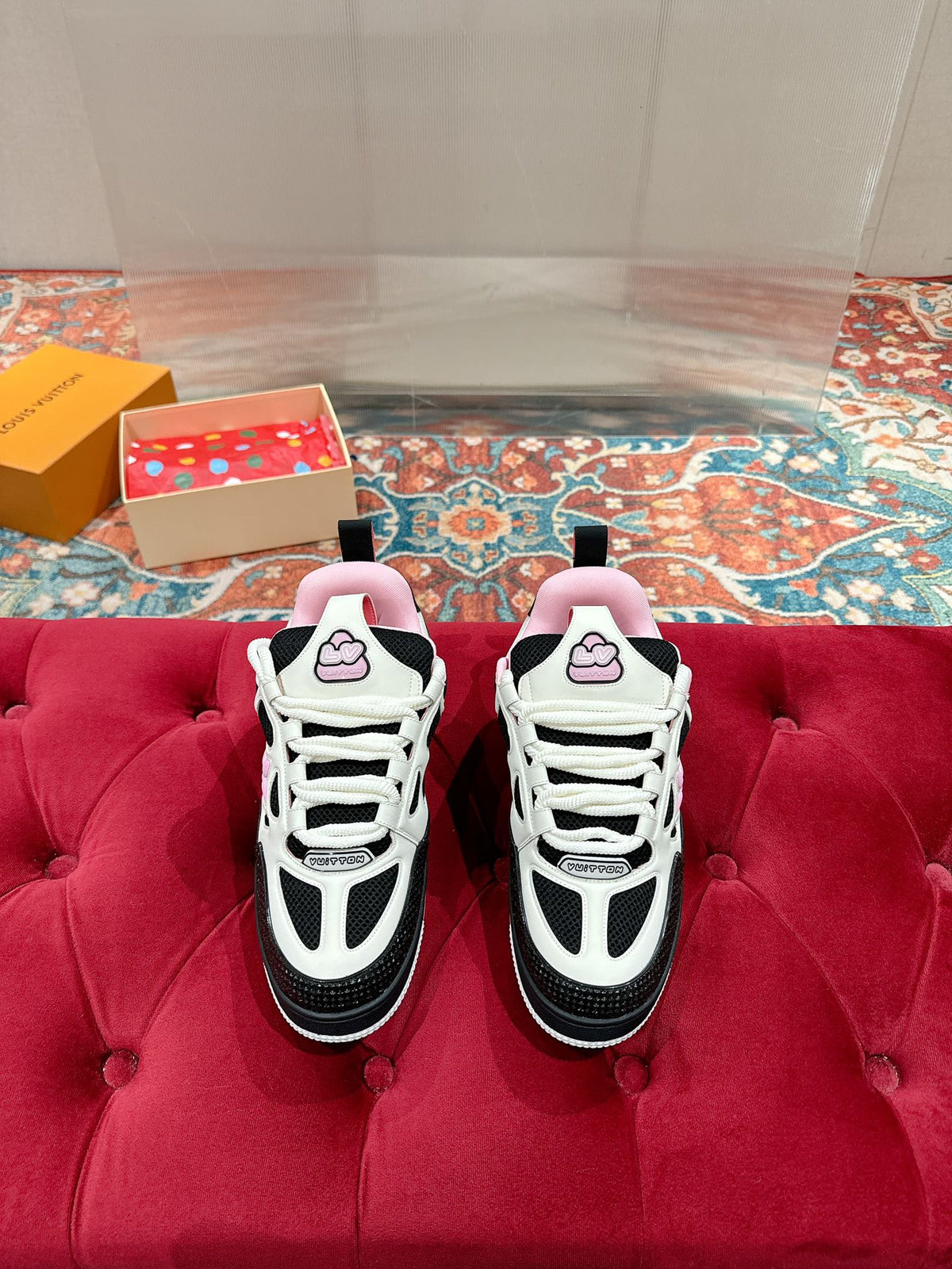 LV SKATE SNEAKER IN WHITE MIX BLACK AND LIGHT PINK CALFSKIN