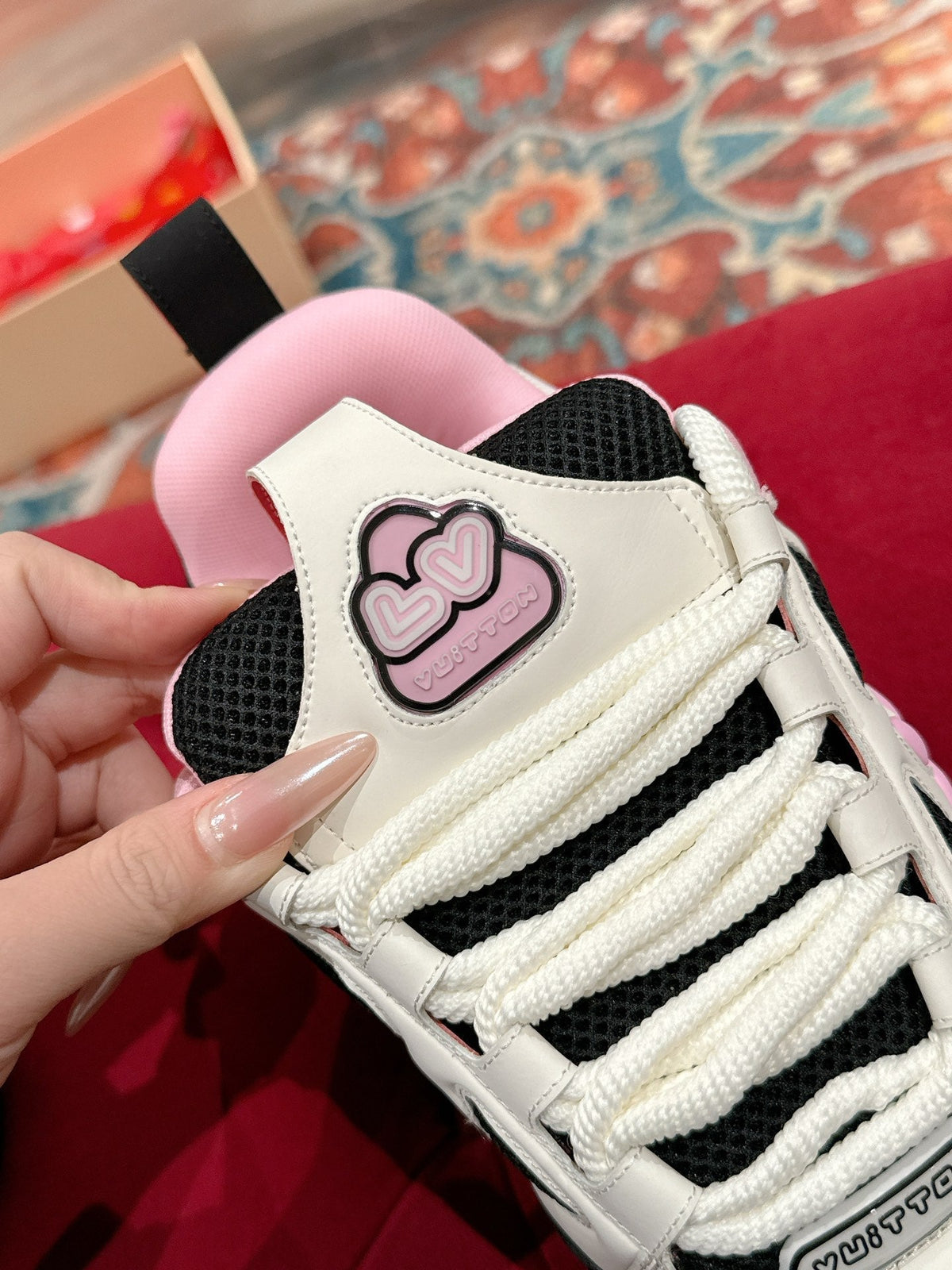 LV SKATE SNEAKER IN WHITE MIX BLACK AND LIGHT PINK CALFSKIN