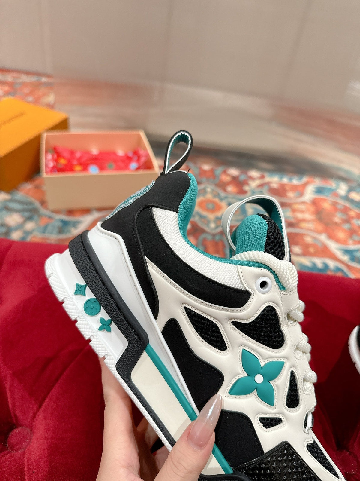 LV SKATE SNEAKER IN WHITE MIX BLACK AND PERSIAN GREEN CALFSKIN