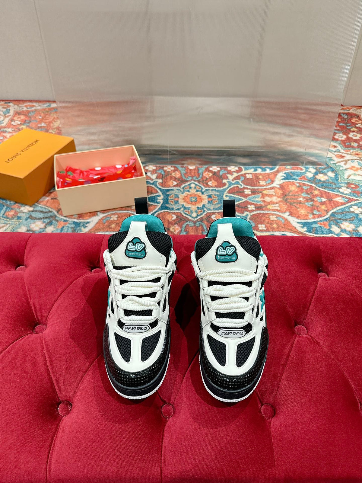 LV SKATE SNEAKER IN WHITE MIX BLACK AND PERSIAN GREEN CALFSKIN