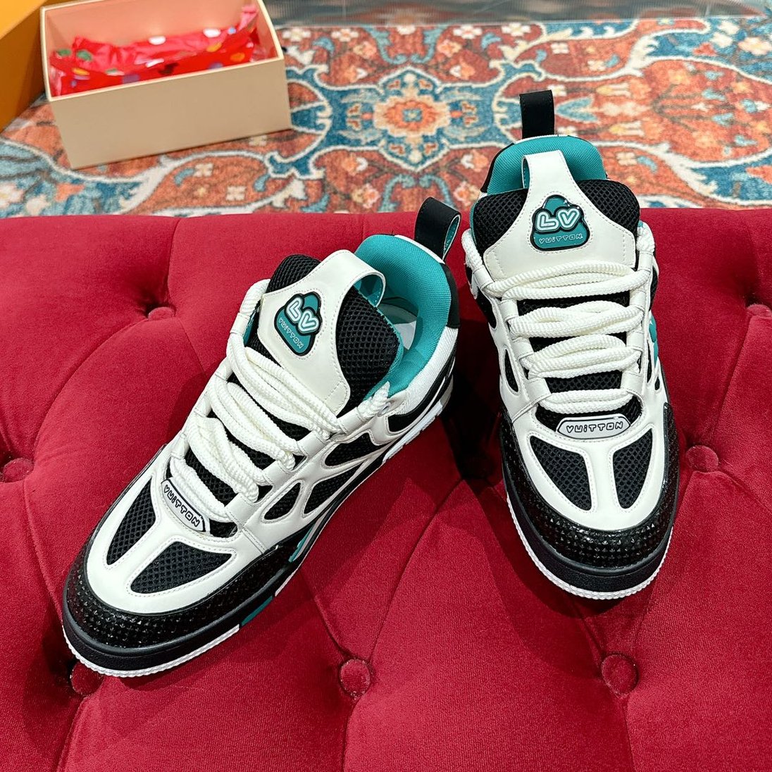 LV SKATE SNEAKER IN WHITE MIX BLACK AND PERSIAN GREEN CALFSKIN