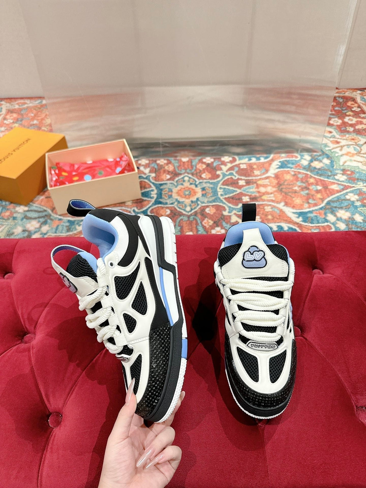 LV SKATE SNEAKER IN WHITE MIX BLACK AND SKY BLUE CALFSKIN