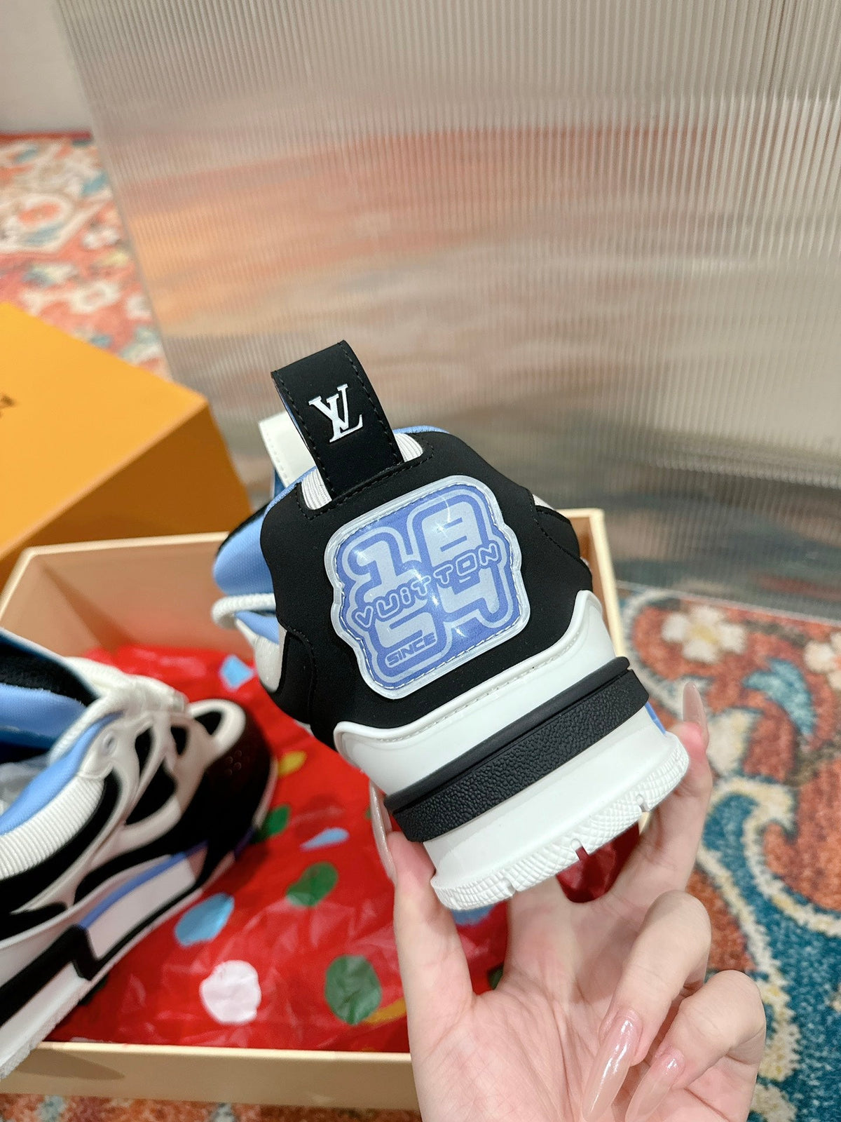 LV SKATE SNEAKER IN WHITE MIX BLACK AND SKY BLUE CALFSKIN