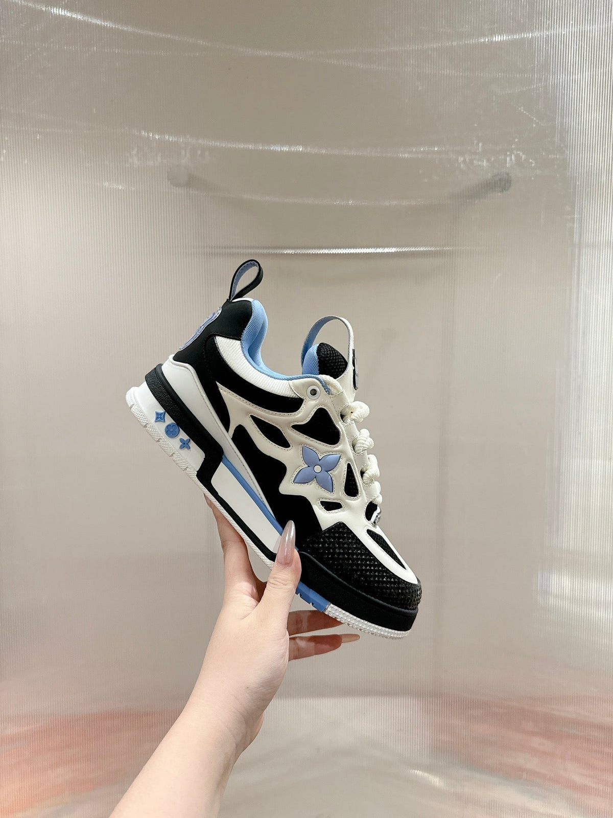 LV SKATE SNEAKER IN WHITE MIX BLACK AND SKY BLUE CALFSKIN