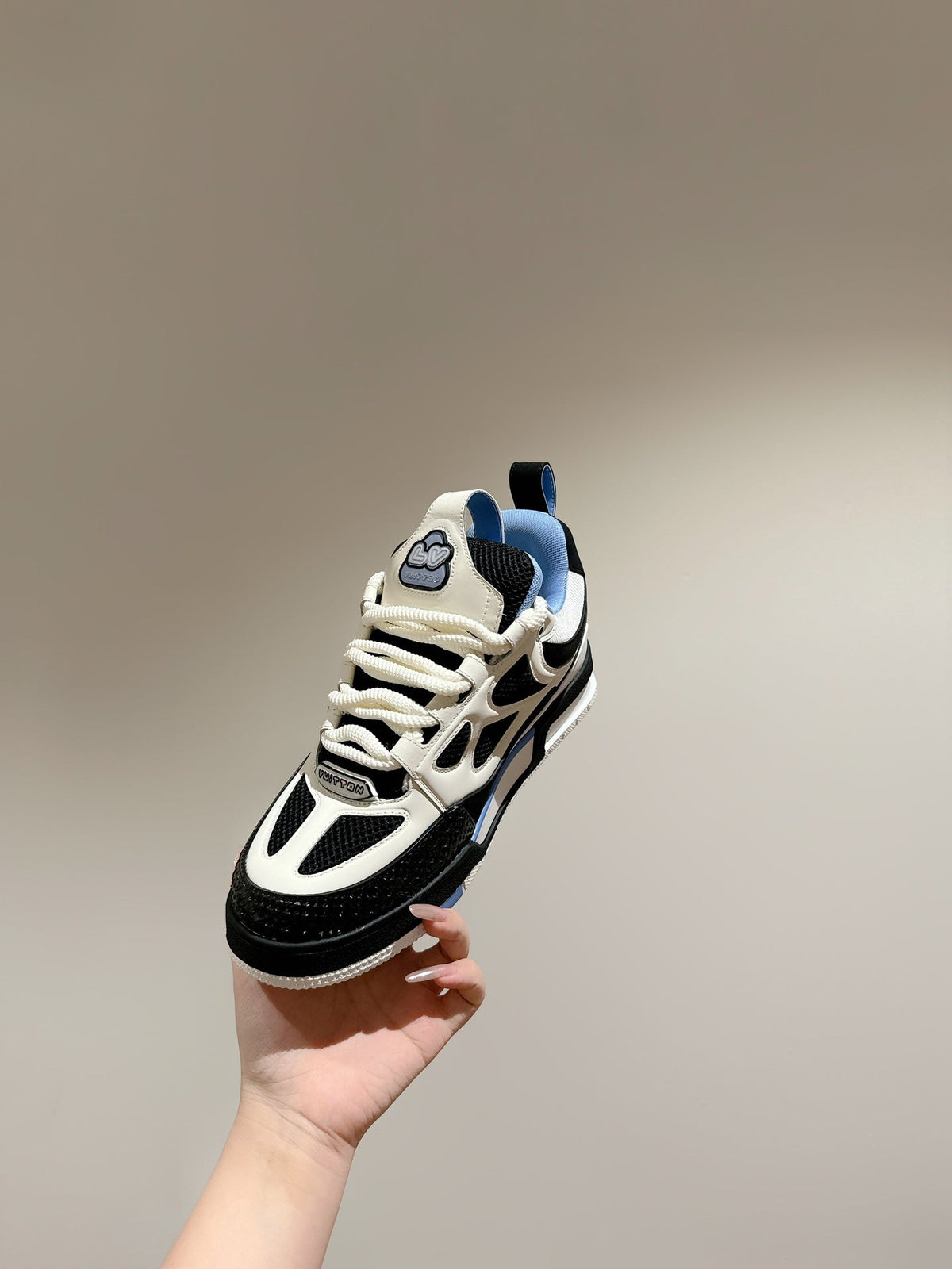 LV SKATE SNEAKER IN WHITE MIX BLACK AND SKY BLUE CALFSKIN