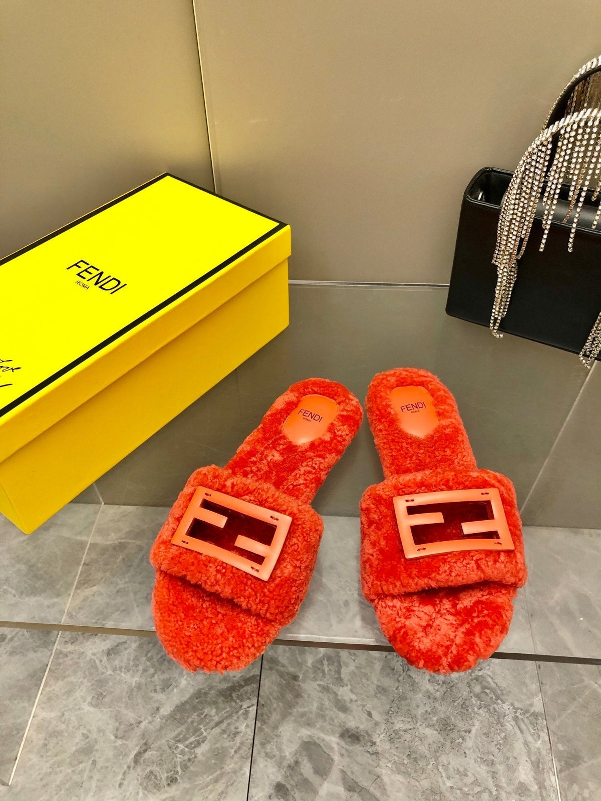 FENDI BAGUETTE SLIDE SLIPPERS IN CHERRY RED WOOL