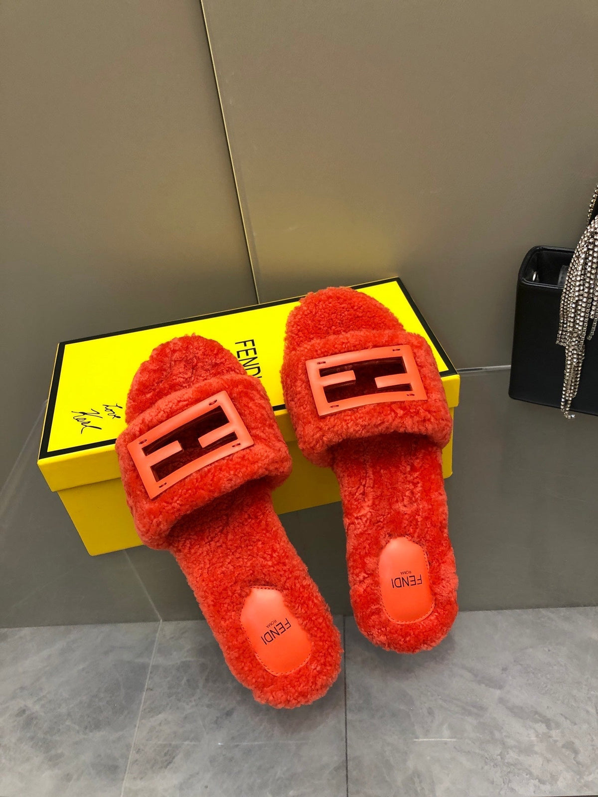 FENDI BAGUETTE SLIDE SLIPPERS IN CHERRY RED WOOL