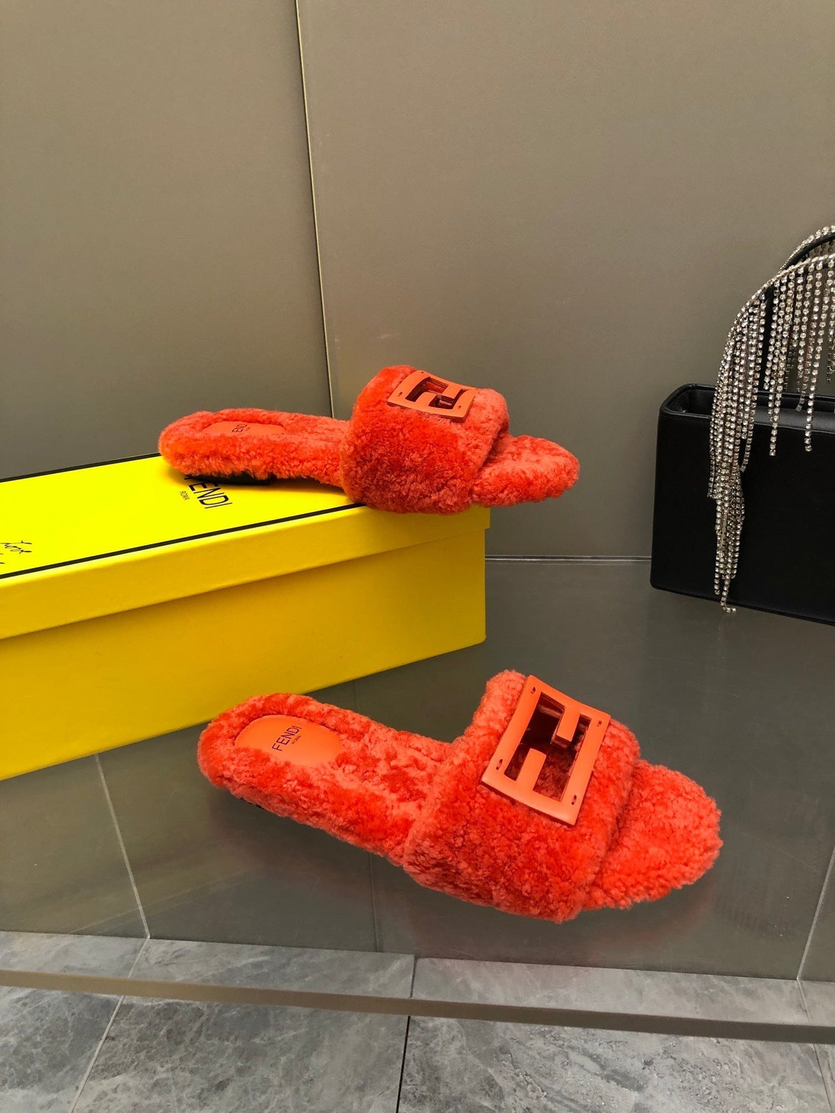 FENDI BAGUETTE SLIDE SLIPPERS IN CHERRY RED WOOL