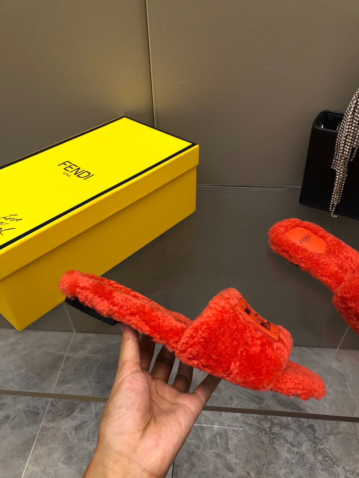 FENDI BAGUETTE SLIDE SLIPPERS IN CHERRY RED WOOL