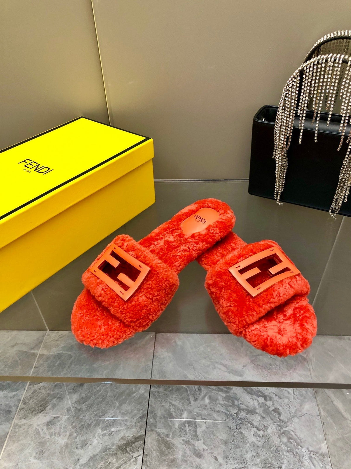 FENDI BAGUETTE SLIDE SLIPPERS IN CHERRY RED WOOL
