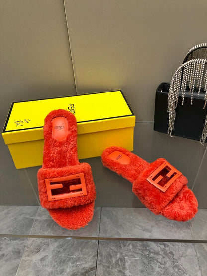 FENDI BAGUETTE SLIDE SLIPPERS IN CHERRY RED WOOL